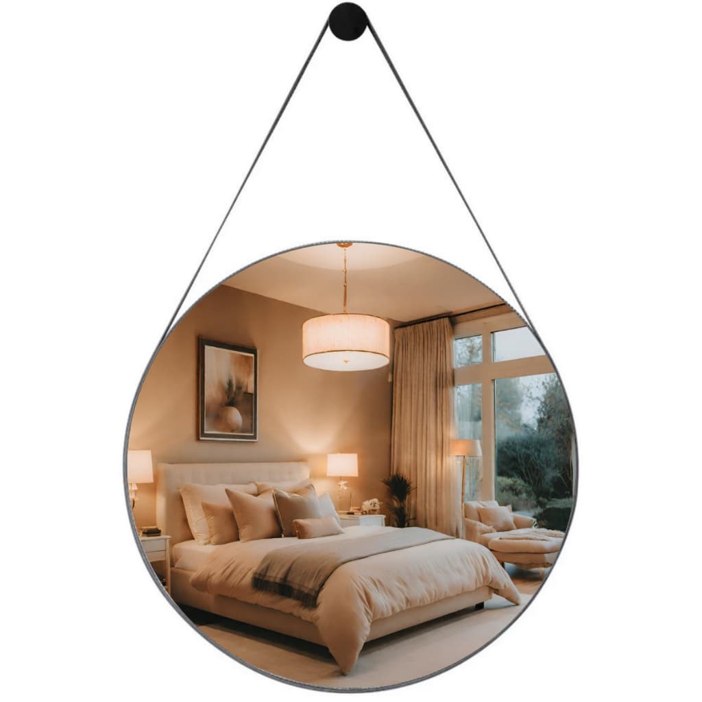 Espelho Adnet Couro Com Alça 25cm 30cm 40cm 50cm 60cm Sala Quarto Banheiro Redondo + Suporte