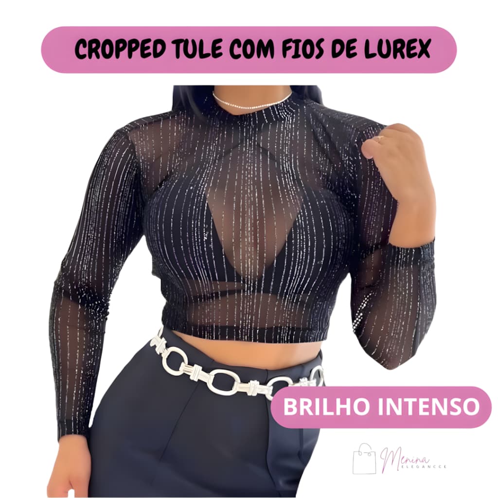Cropped Manga Longa Feminino De Tule Lurex Com Brilho