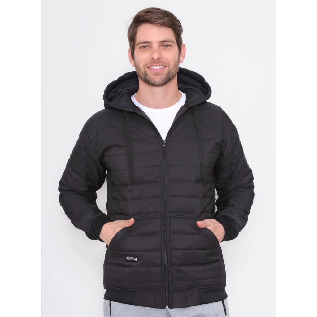 Jaqueta Puffer Casaco Blusa de Frio Masculina Bobojaco Gominho Forrada Preta com Capuz Japona