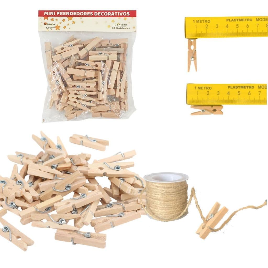 Mini Prendedores Pregadores de Madeira 3,5cm Fio de Juta Opcional 50 a 450 Un Decoração Fotos Varal