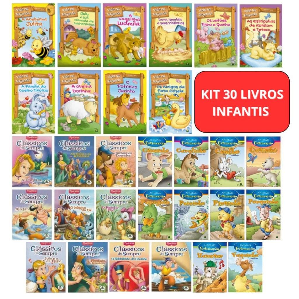 Kit 30 livros de Hístorias Infantis - Vida na Fazenda - Animais de Estimação - Classicos de Sempre