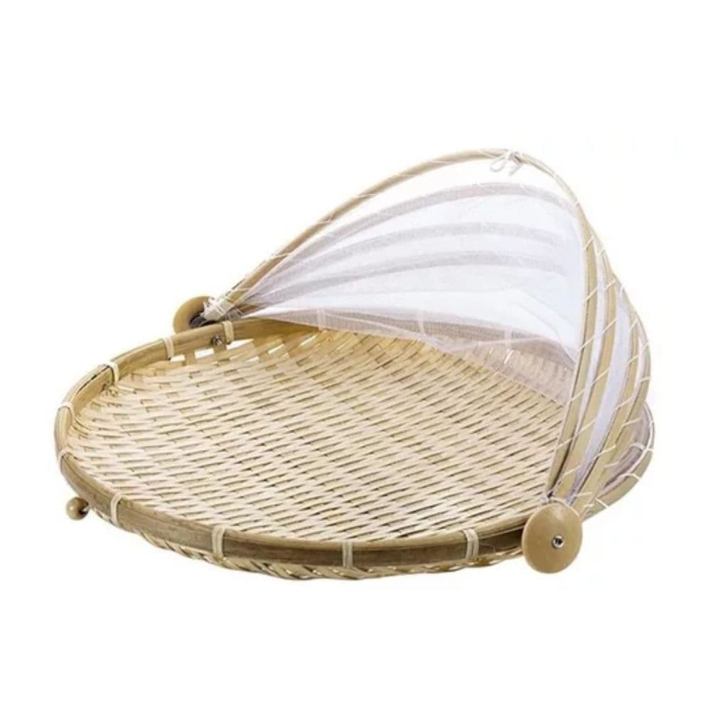 Cesto Porta Pães Bolo Bambu Cobertura Retrátil Redondo 40cm