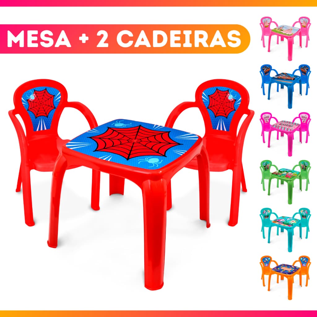 Kit Mesinha Infantil com 2 Cadeiras Menino Menina Homem Aranha / Princesa / Shark / Dino