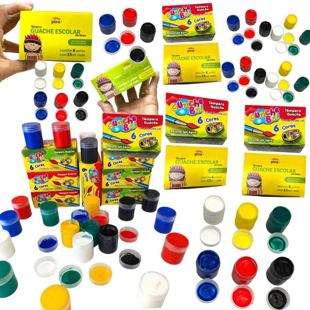 10 Cx Tinta Guache 15ml Tempera 6 Cores Pintura Aquarela Atacado Kit Escolar Infantil Lembrancinha