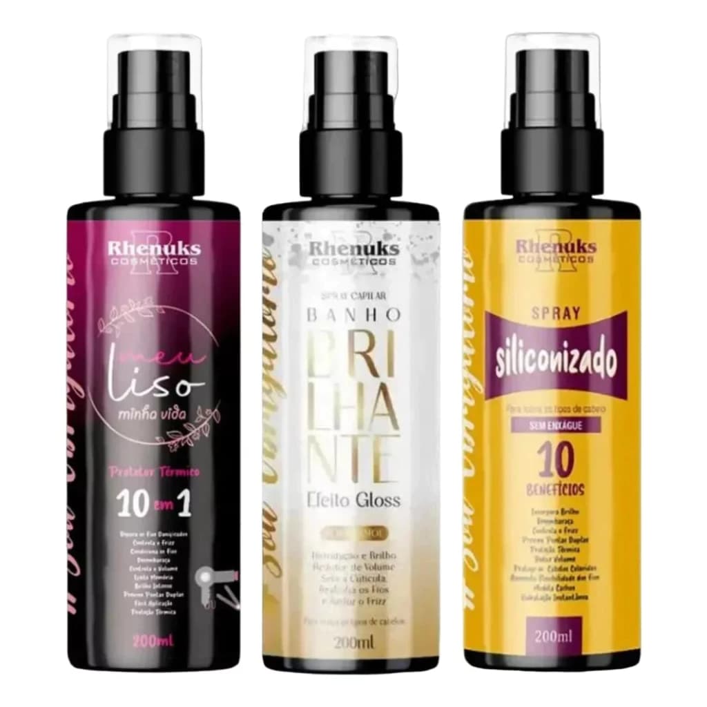 Kit Spray Protetor Térmico Capilar 10 Em 1 Meu Liso + Banho Brilhante + Siliconizado 200ml Cada