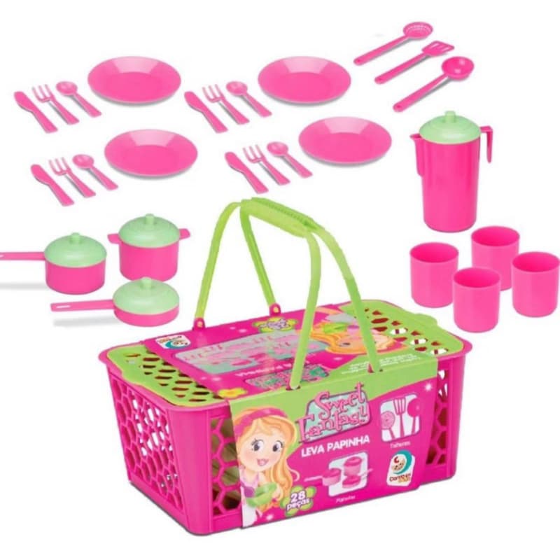 Cesta Leva Papinha Acessórios Panelinhas Brinquedo Kit  Infantil Menina 28 Peças