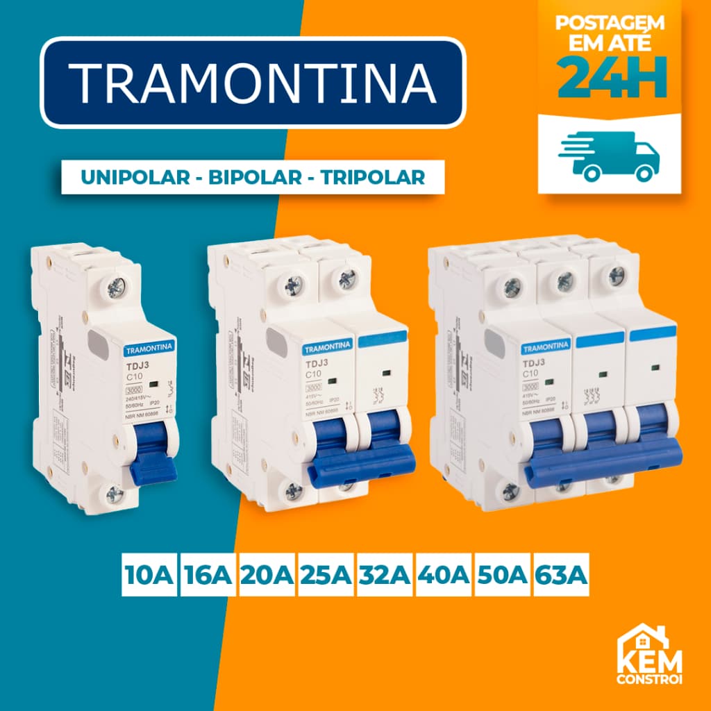 Disjuntor Tramontina Unipolar/Bipolar/Tripolar 10A a 63A DIN Curva C Original