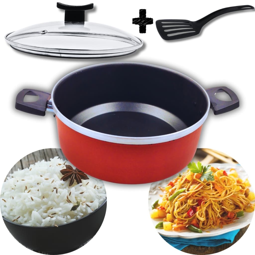 Panela Caçarola Antiaderente 16cm a 24cm Dakasa Tampa Vidro Temperado Espatula Cor Preta e Cereja