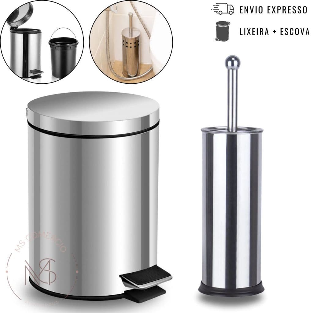 Lixeira Inox + Escova Sanitária Inox Cesto Removível e Pedal