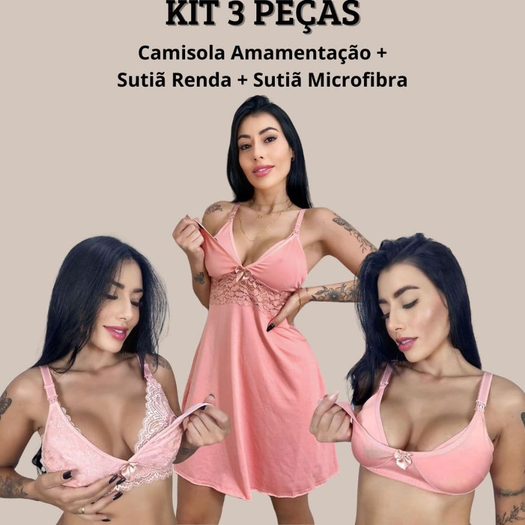 KIT Amamentação 3 Peças Camisola Com Detalhes em Renda + Sutiã MICROFIBRA + Sutiã RENDA.