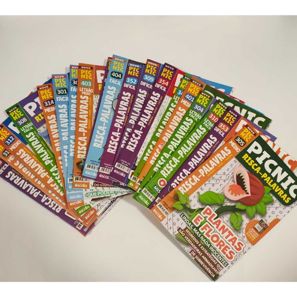 Kit com 20 revistas de caça palavras PIC NIC sortidas temas variados.