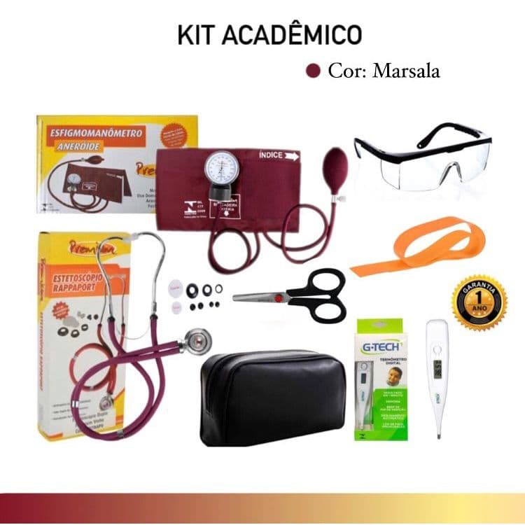 Kit Enfermagem Acadêmico Marsala Com 7 Itens Estetoscópio, Esfigmomanômetro, Termômetro + Epis