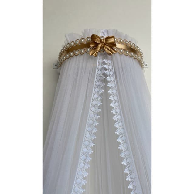 Dossel Laço Dourado e Mosquiteiro Berço Tule Bebê