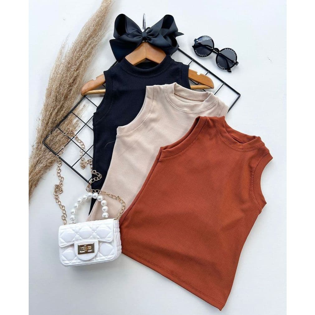 Kit 3 Regatas Feminina Infantil Lisa Canelada Cores Sortidas