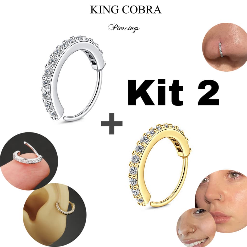 Kit 2 Piercing Nariz Cartilagem de Argolas Cravejadas Com Zircônia Prata e Dourado KA209