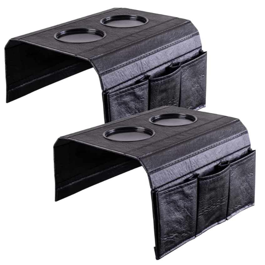 2 Bandeja Esteira Protetor P/ Braço De Sofá Costurada Preto Com suporte controle e objetos