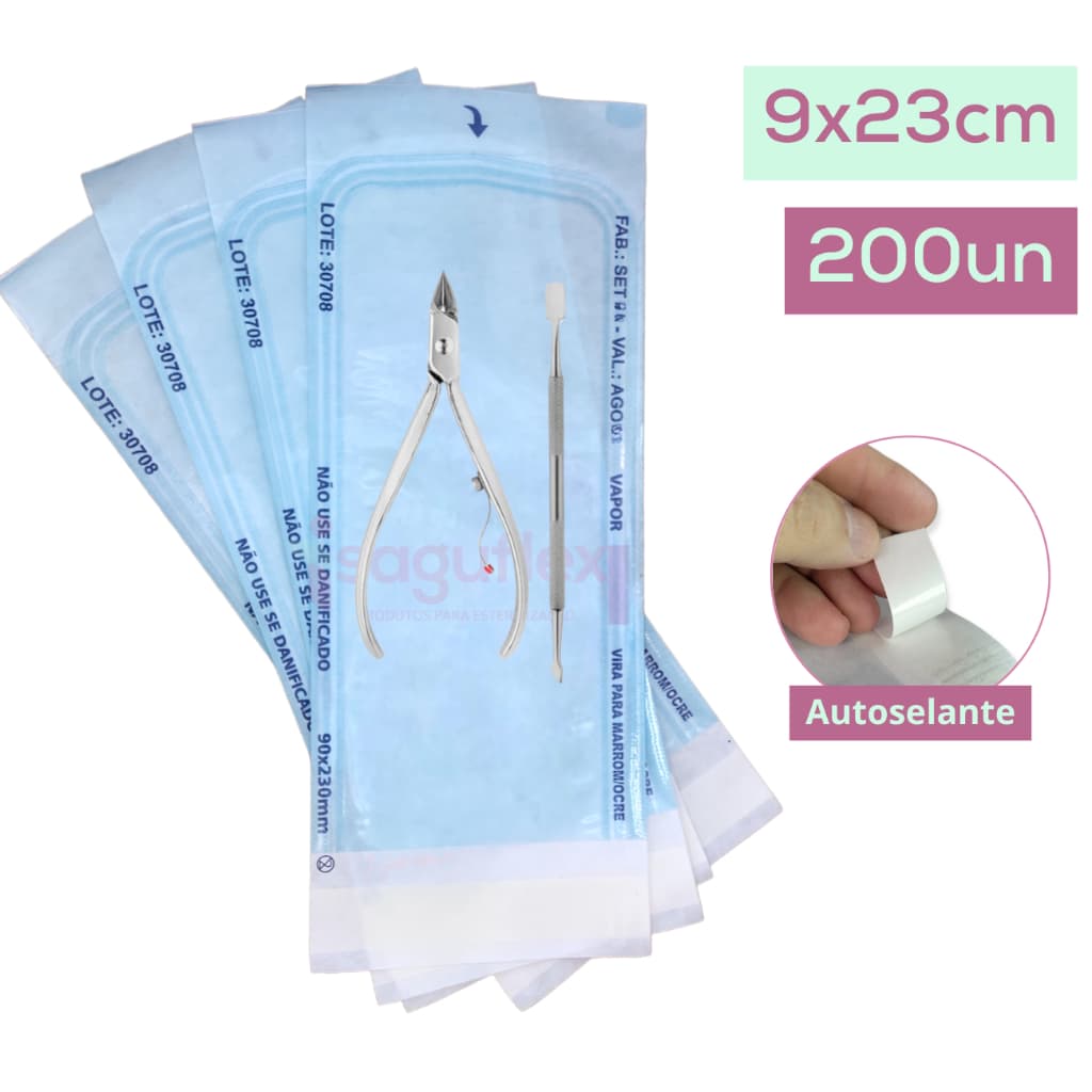 Envelope esterilização autoclave 9x23cm c/200 un autosselante manicure podologia alicate cutícula