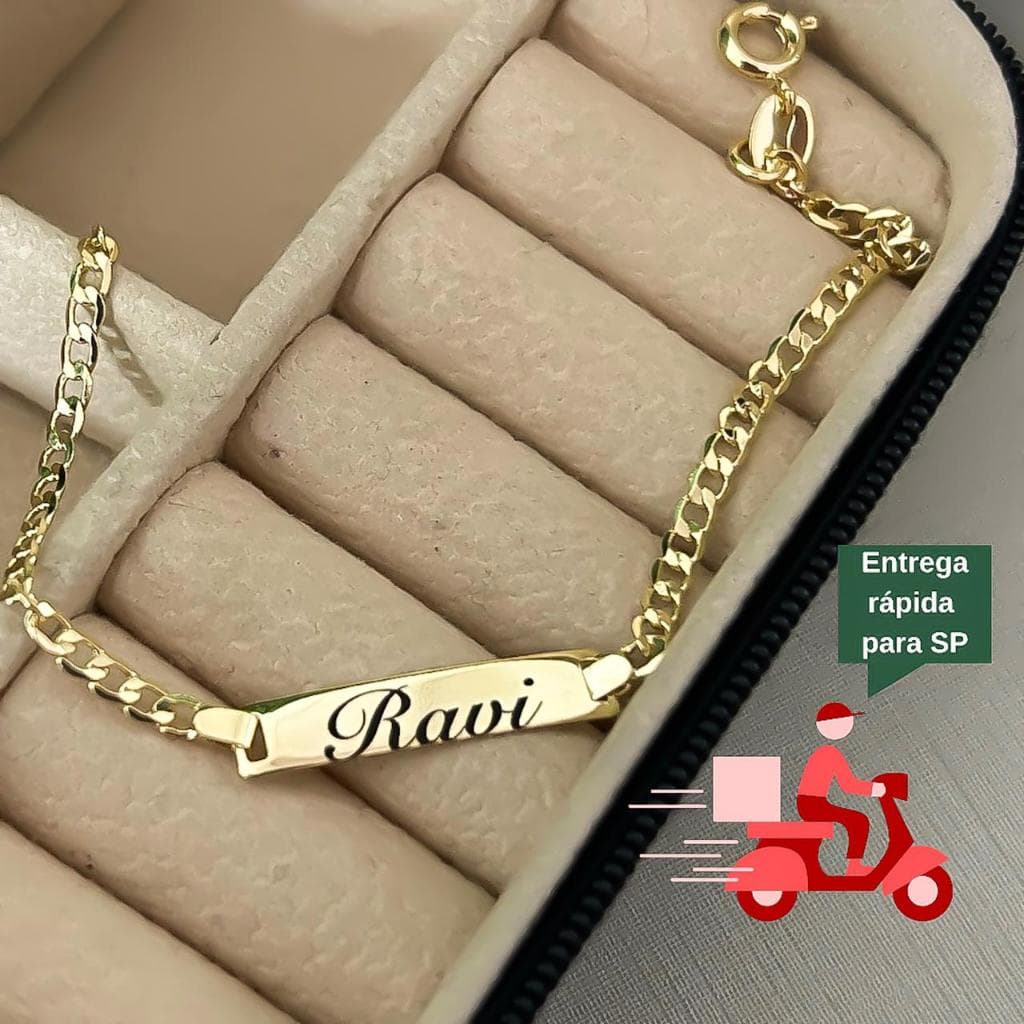 Pulseira Nome Personalizado Bebê, crianças Banhado a Ouro 18k