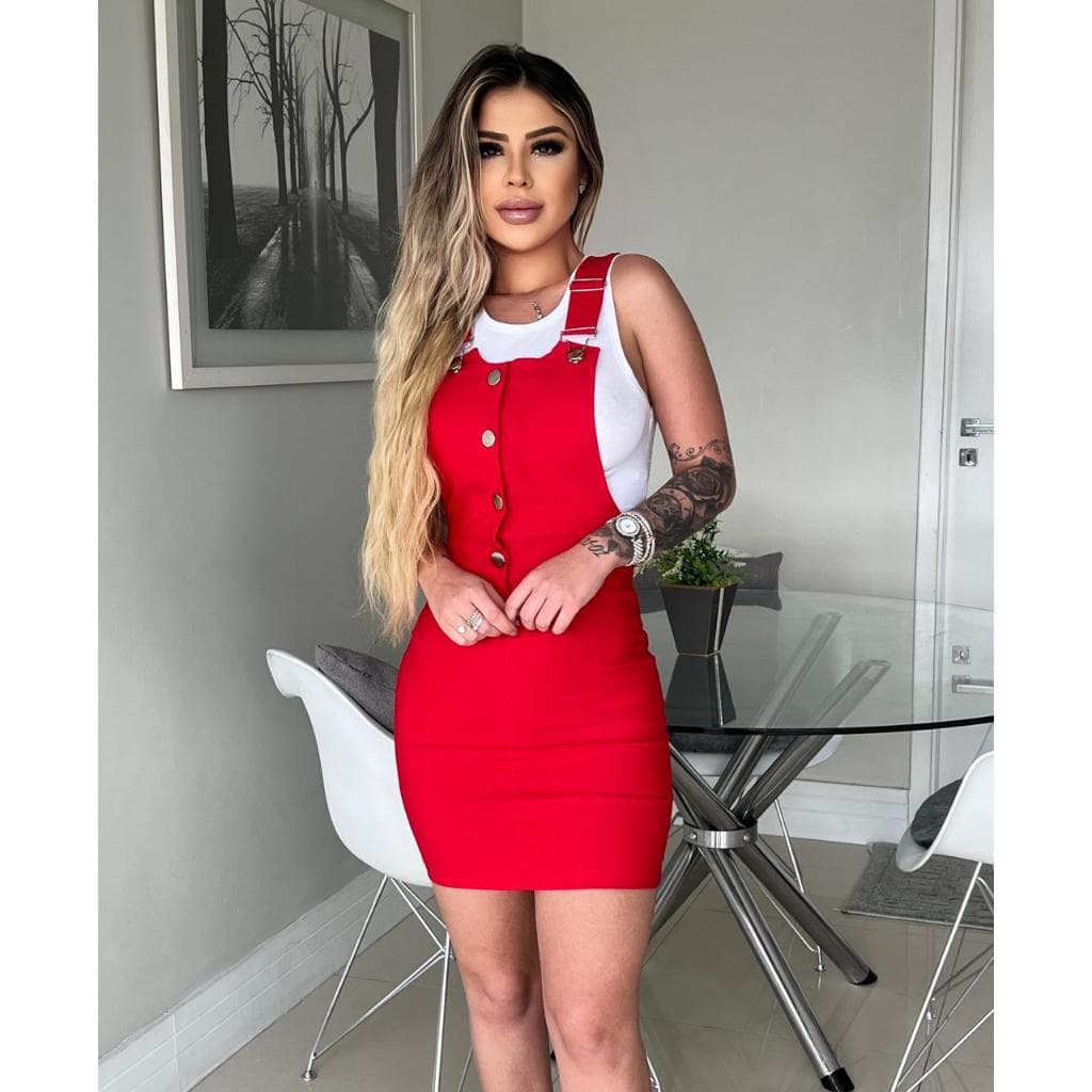 Jardineira Macacao Feminina Salopete Saia Curta com Alça Regulável Moda Verao