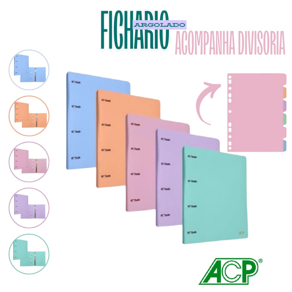 Fichário Argolado A4 Tons Pasteis ACP + 6 Divisórias Pastel