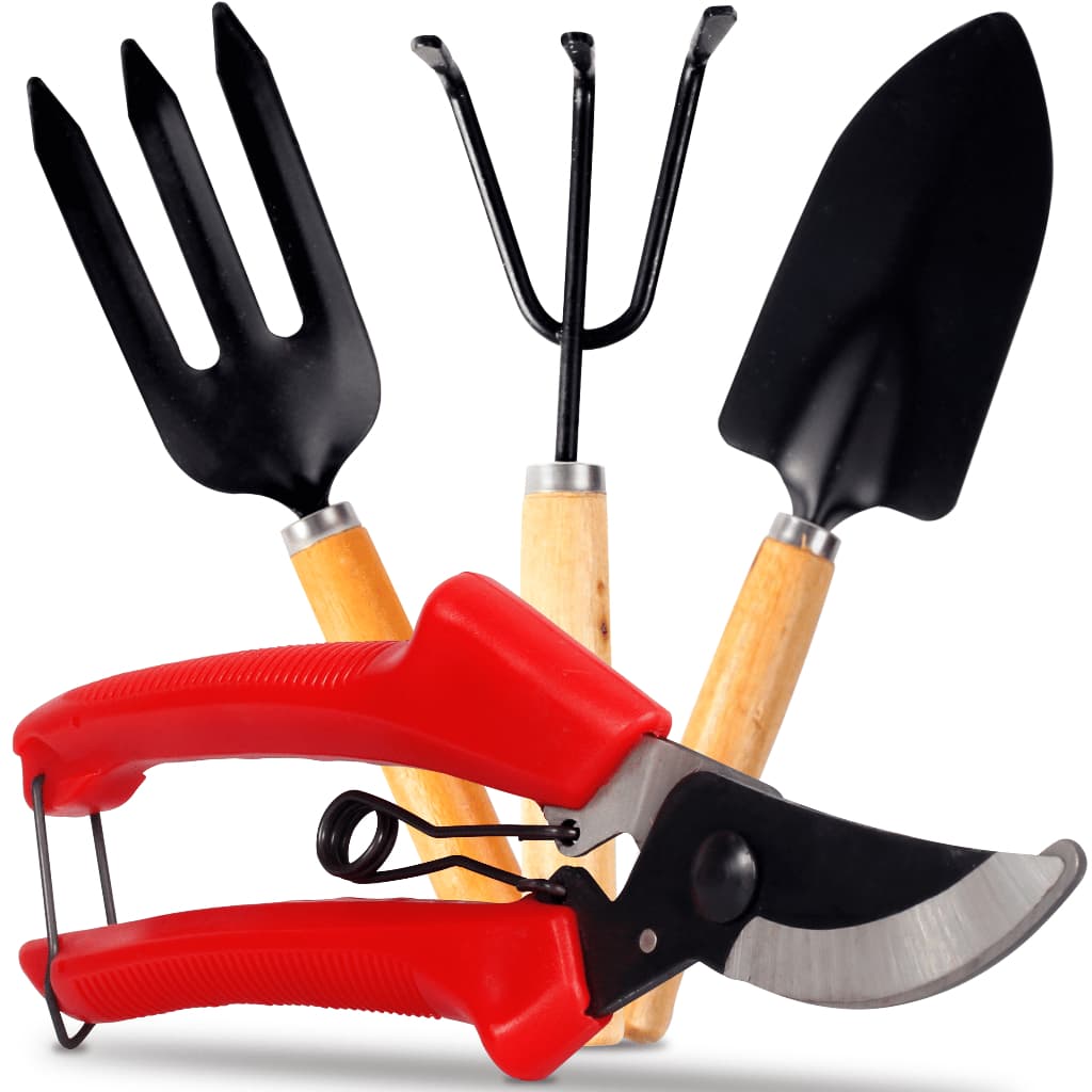 Kit Jardinagem Conjunto 4 Peças 25cm Ferramentas de Jardim Em Aço Cabo Madeira Pazinha Alicate Poda