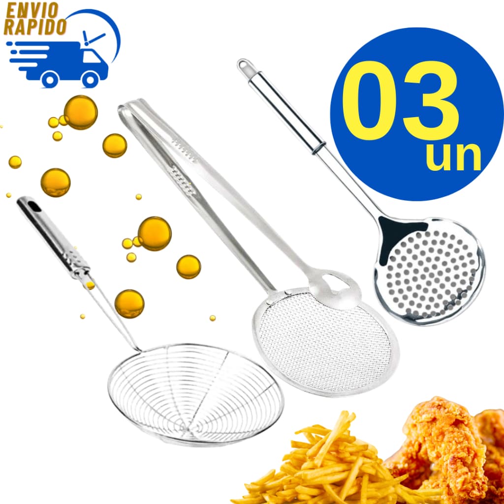 Kit 3 Escumadeiras Convencional + Cesto Para Fritura + Escumadeira Fritura com Pinça Restaurante Bar Padaria Salgateria