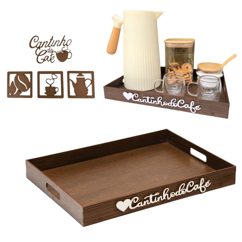 Placa Cantinho do Cafe + Aparador Retangular com Alça Espaçosa Amadeirado Bandeja Organizador Grande