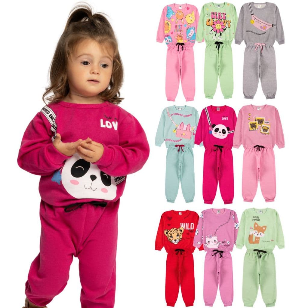 Kit Sortido 4 Peças Moletom Roupa De Bebê Menina Infantil Inverno - 2 Casacos + 2 Calças - Tamanhos 6 Meses a 24 Meses