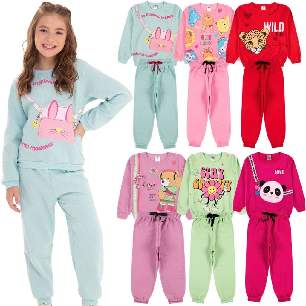 Kit Sortido 10 Peças de Roupas Feminino Infantil Inverno – 5 blusas casacos + 5 calças de 1 ao 10 – Kit 5 Conjuntos