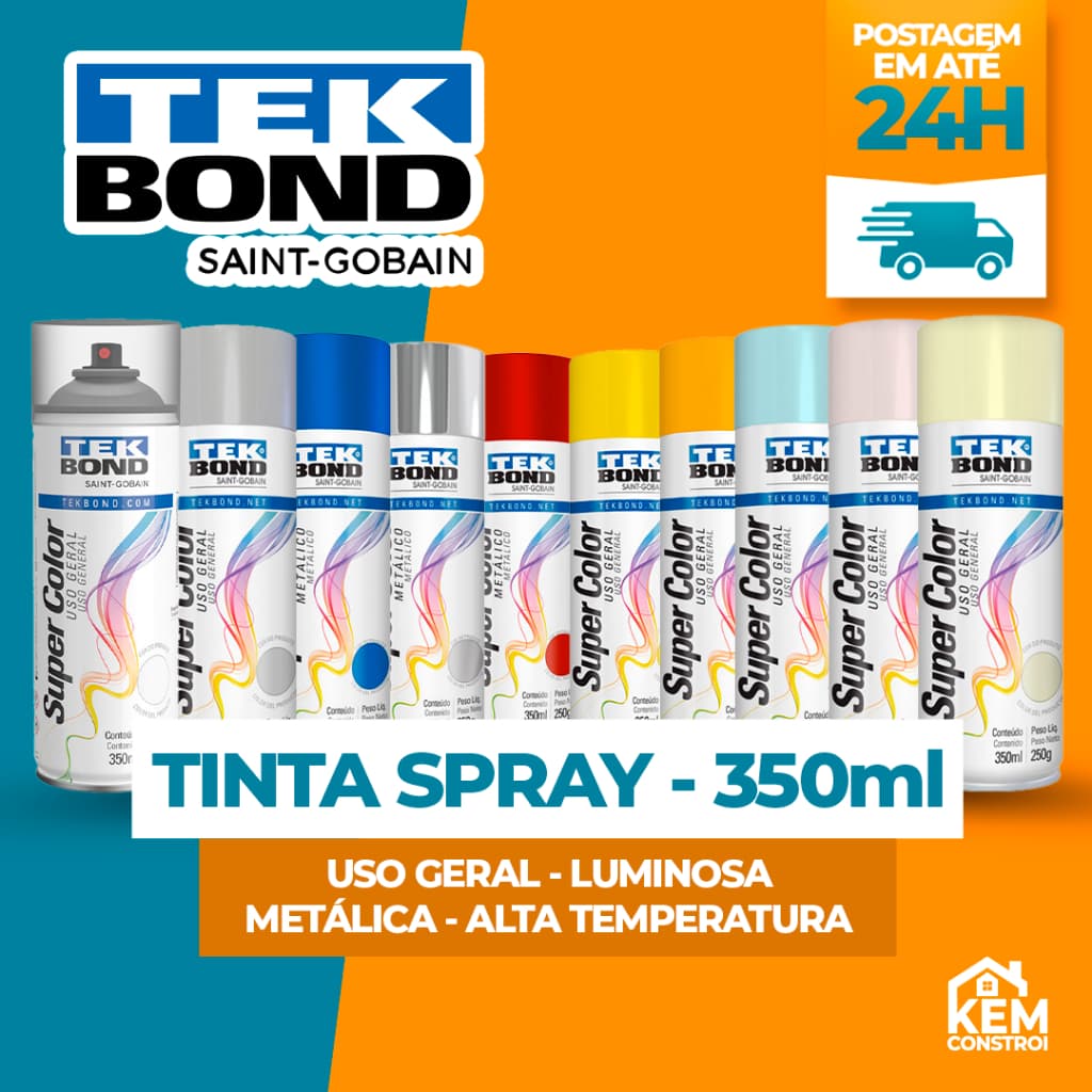 Tinta Spray 350ml Todas as Cores Uso Geral  Alta Temperatura Metálica Brilhante Luminosa  Tekbond
