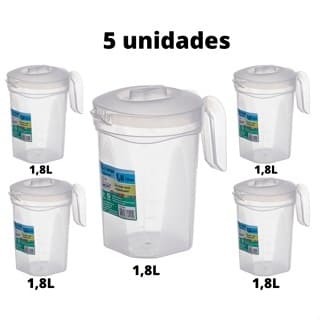 Kit 5 Jarras Plástica Transparente 1,8 Litros Tampa Alça Suco Água Graduada Buffet Festa Eventos