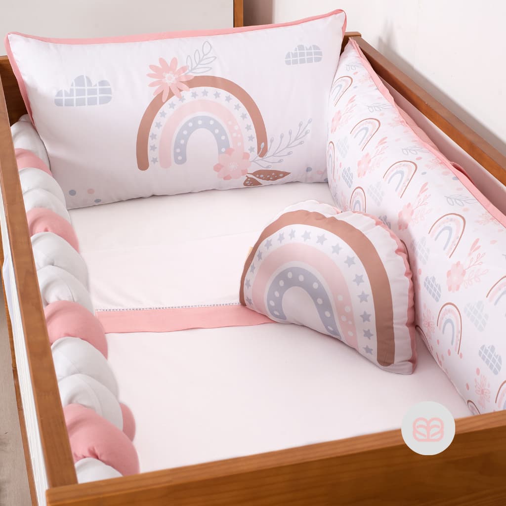Brubrelel Kit de Berço Americano Arco Iris 7 Peças Luxo 100% Algodão Chamego Rose Menina