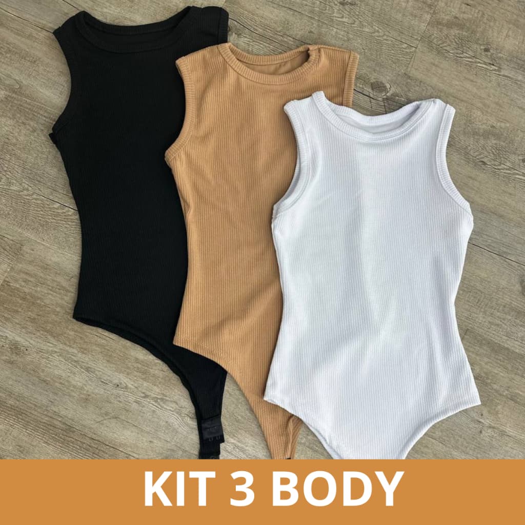 KIT 3 BODY Feminino Regata Canelado Premium Anarruga Moda Feminina Estilosa Bory Blusa Básico Verão