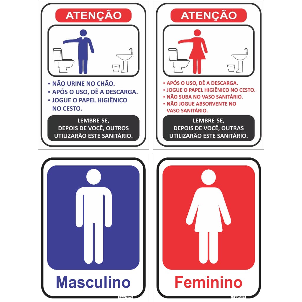4 Placas De Sinalização Banheiro Feminino Masculino Regras