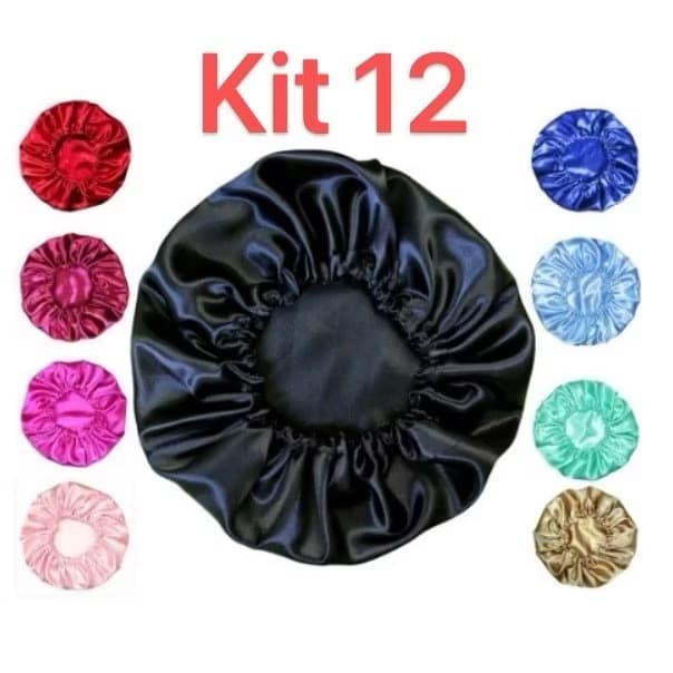 Kit com 12 Touca de Cetim Antifrizz Banho Cores Sortidas