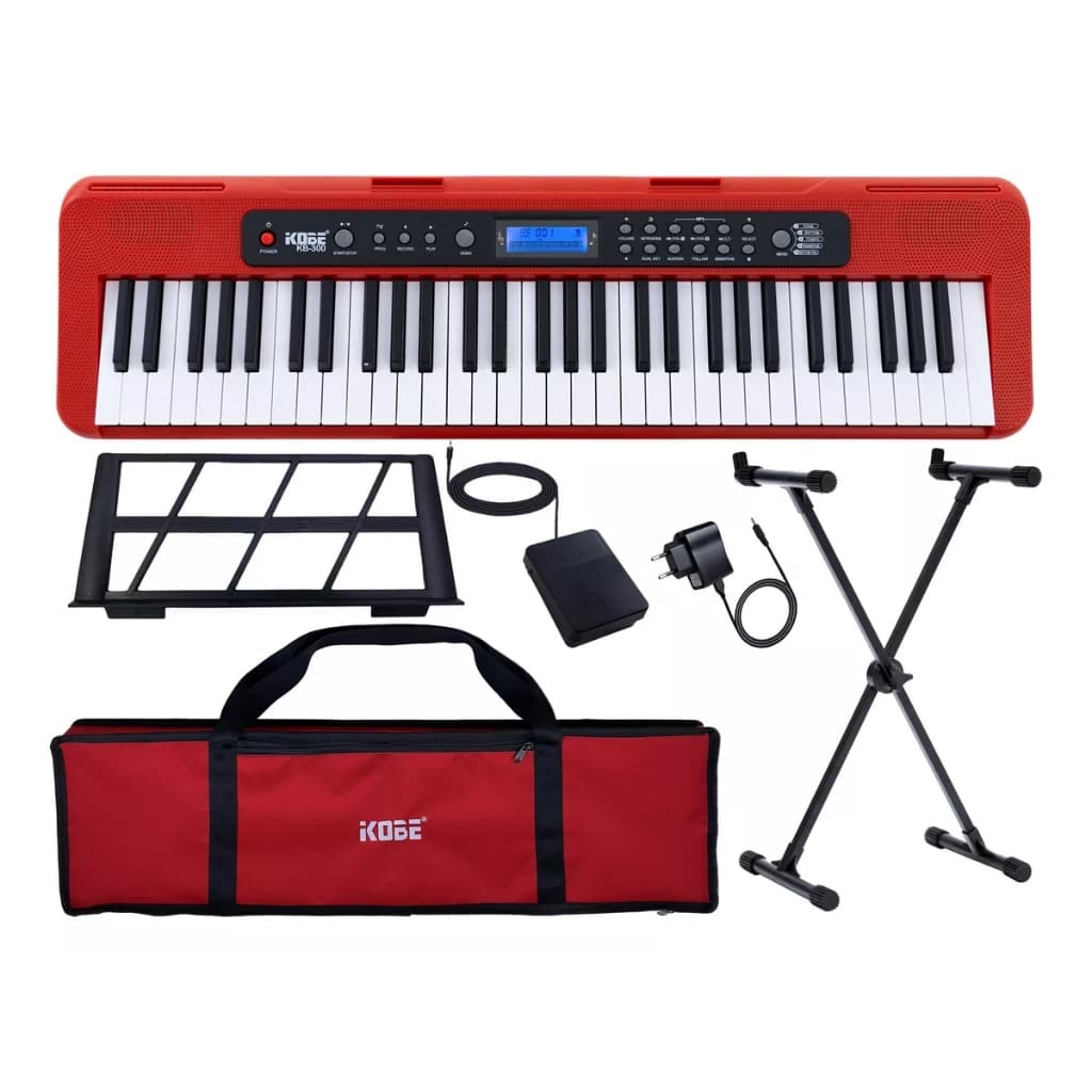 Kit Teclado Musical Kobe KB-300 5/8 61 Teclas Sensitivas ao Toque Completo Com Acessórios
