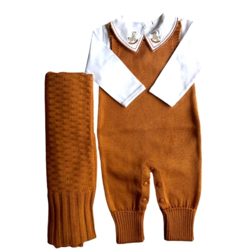 conjunto trico saida maternidade 3 peças, jardineira, manta e body gola cavalinho.