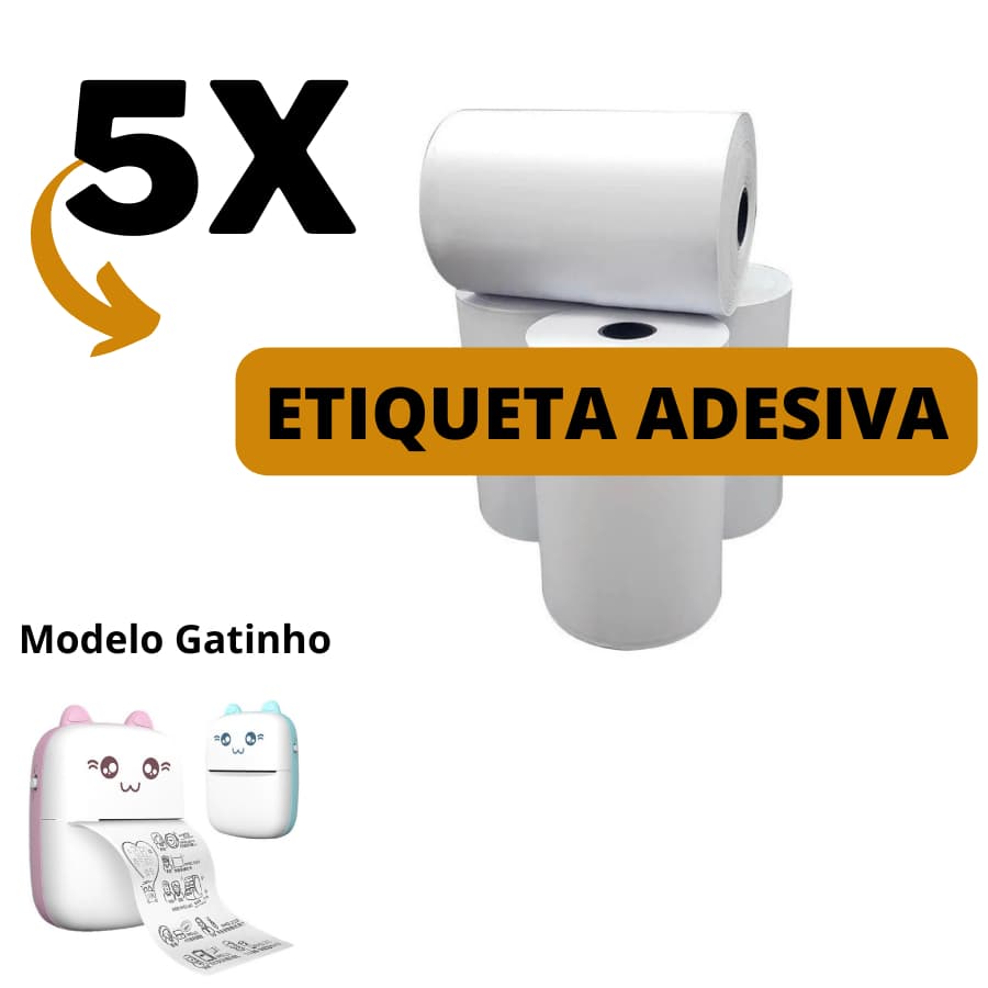 Kit 5 Bobina Etiqueta Térmica 57x3 Adesiva Branca Para Mini Impressora Portátil