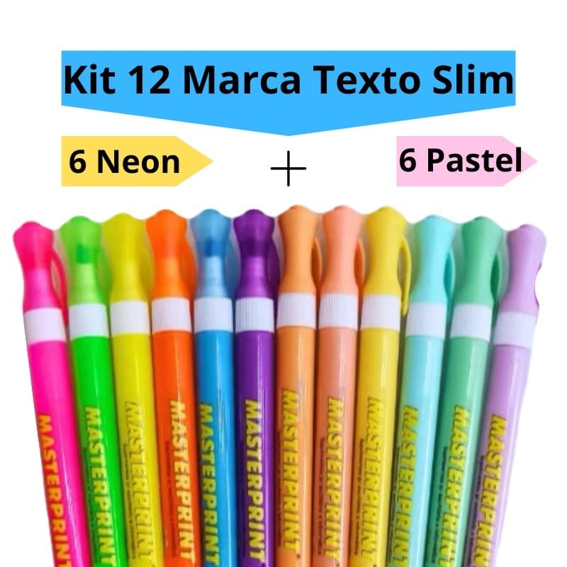 Kit 12 Caneta Marca Texto Slim (6 Neon + 6 pastel) Escolar Infantil Diversas Cores Masterprint