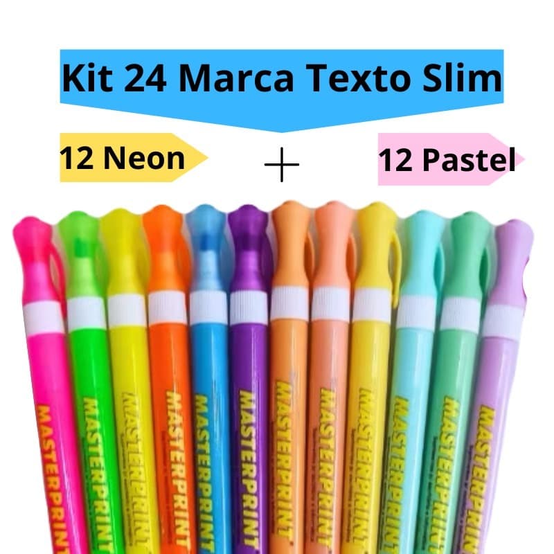 Kit 24 Caneta Marca Texto Slim (12 Neon + 12 pastel) Escolar Infantil Diversas Cores Masterprint