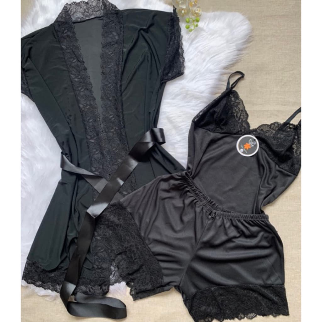 Kit Baby Doll Feminino Com Robe Roupa de Dormir