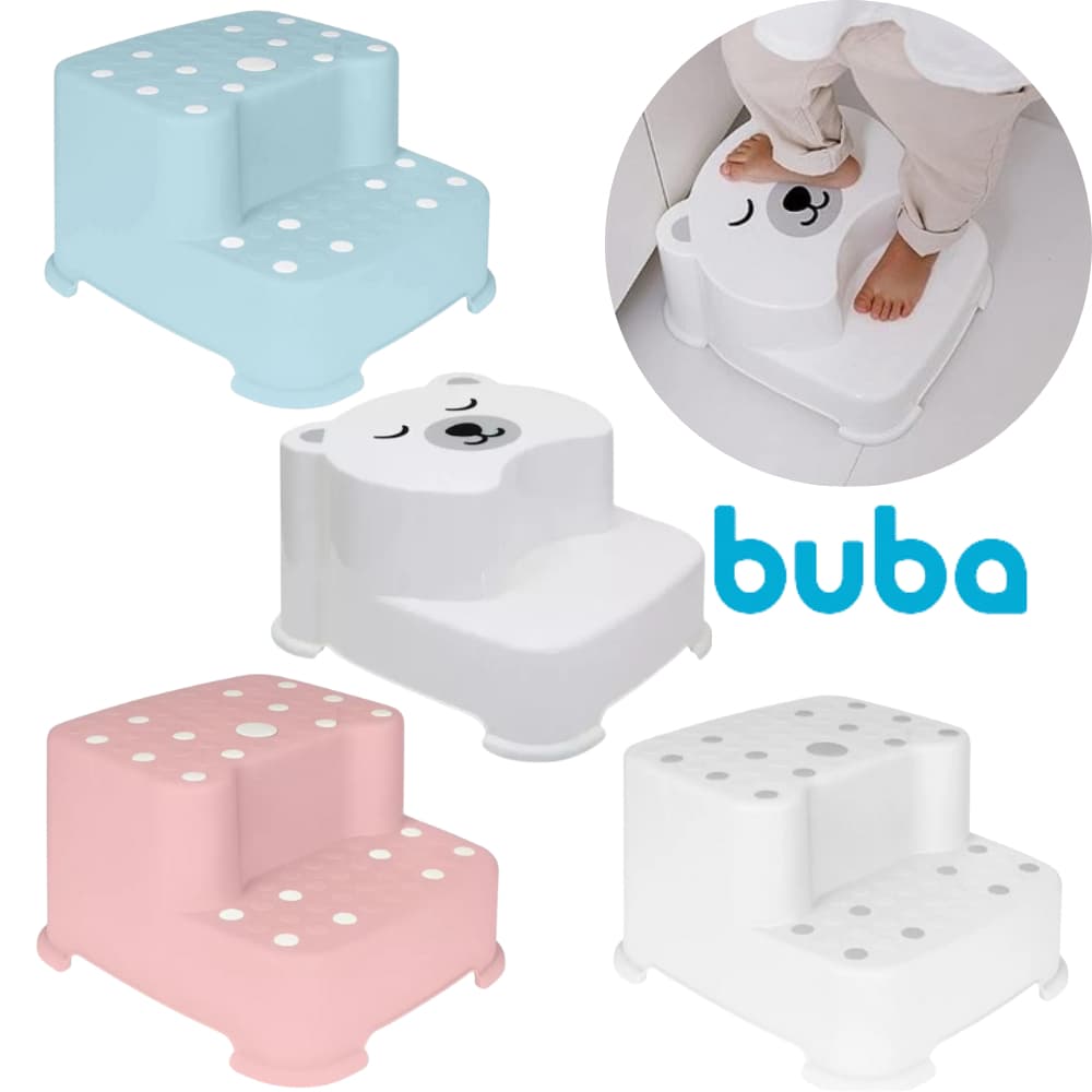 Escadinha Banquinho Degrau Duplo Antiderrapante Infantil Buba Rosa Azul Branco Ursinho