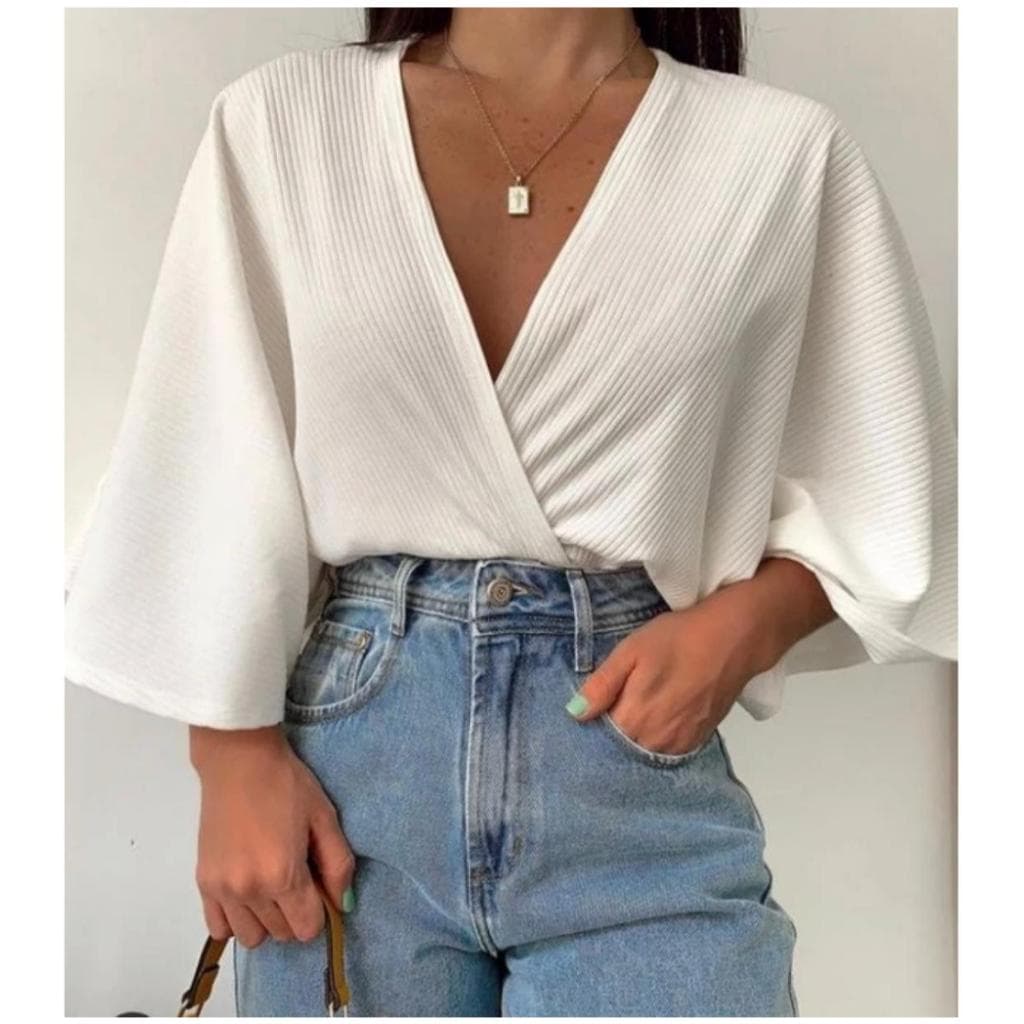 Blusa Transpassada Cropped Feminino Decote V Manga Morcegok
