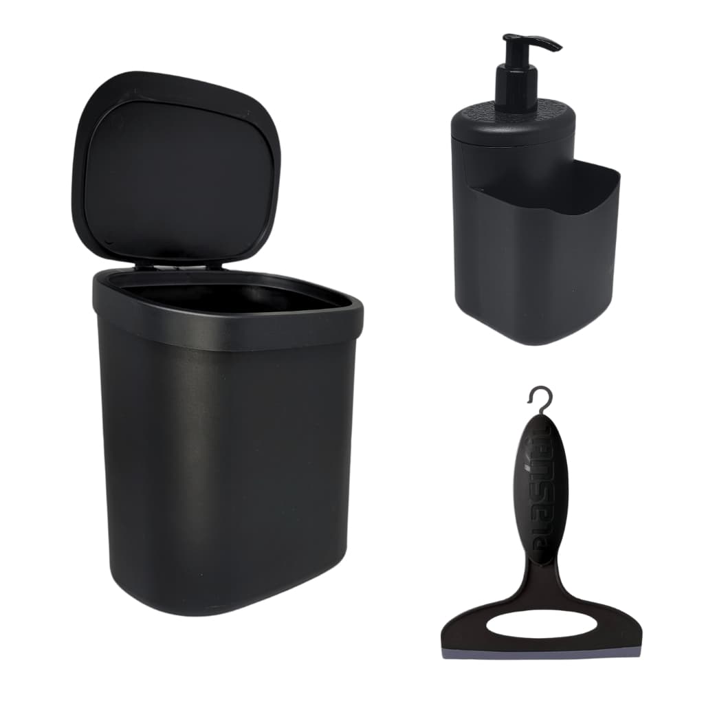 Kit Organização Pia Cozinha Lixeira 3,5 litros Dispenser Detergente e Bucha + Rodinho Preto 13cm