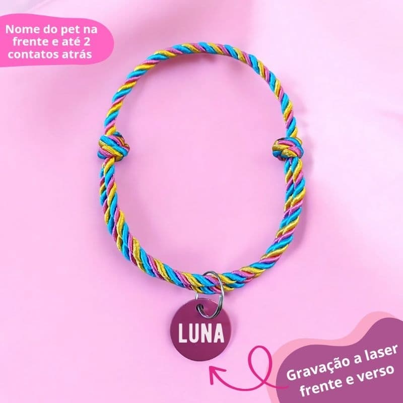 Coleira colar de cordas trançadas ajustável com plaquinha de identificação para cachorro e gato