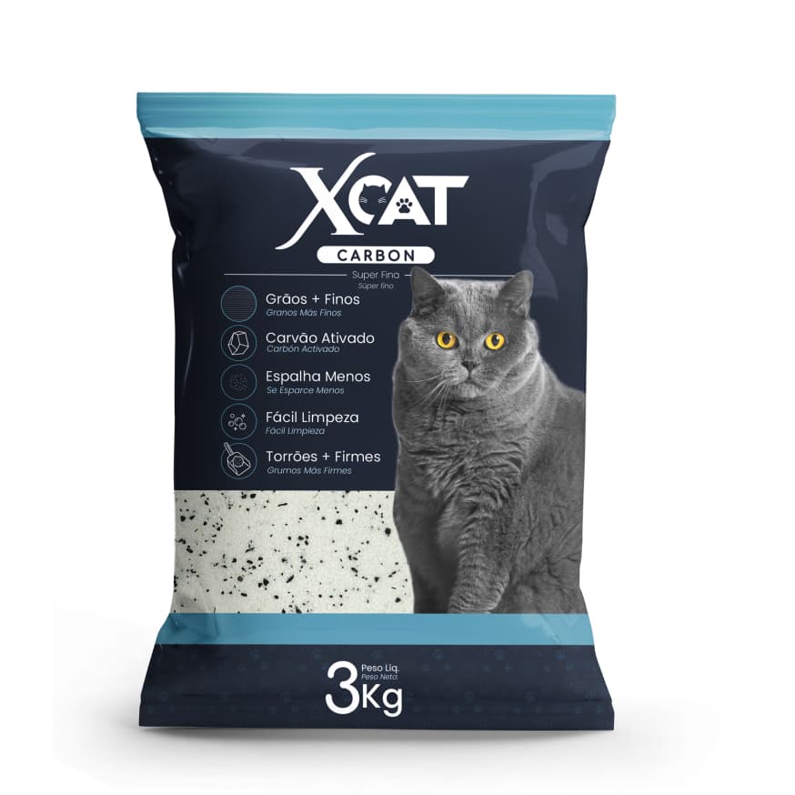 Areia para Gatos Xcat Carbon 3Kg - Fina, Controle de Odores e Torrões Resistentes