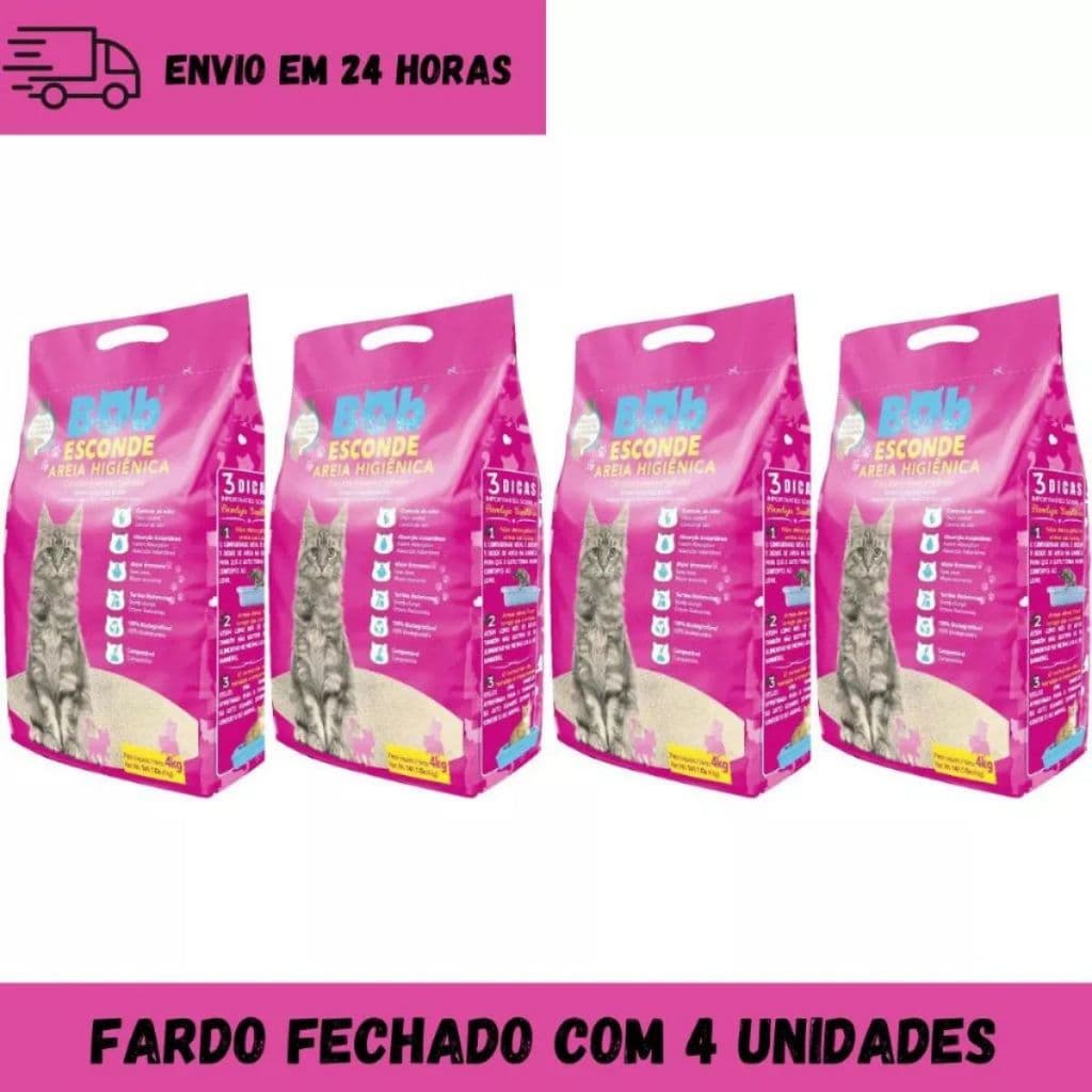 Kit 4 Areia Higiênica para Gatos Bob Esconde com Extrato de Mandioca Biodegradável 4Kg