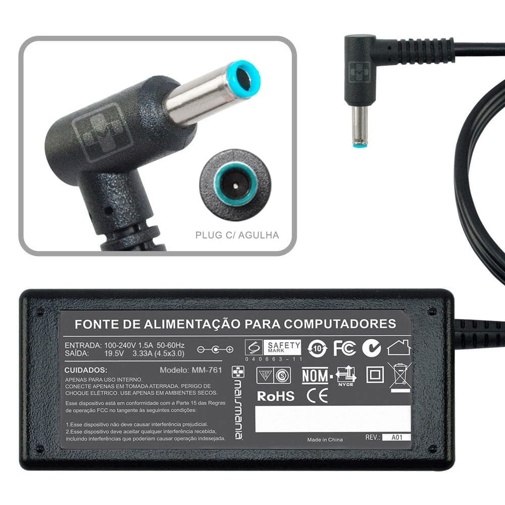 Fonte AAA005 Carregador Compativel Com HP 19.5V/ 3.33A/ 65W Pino - 4.5x3.0mm