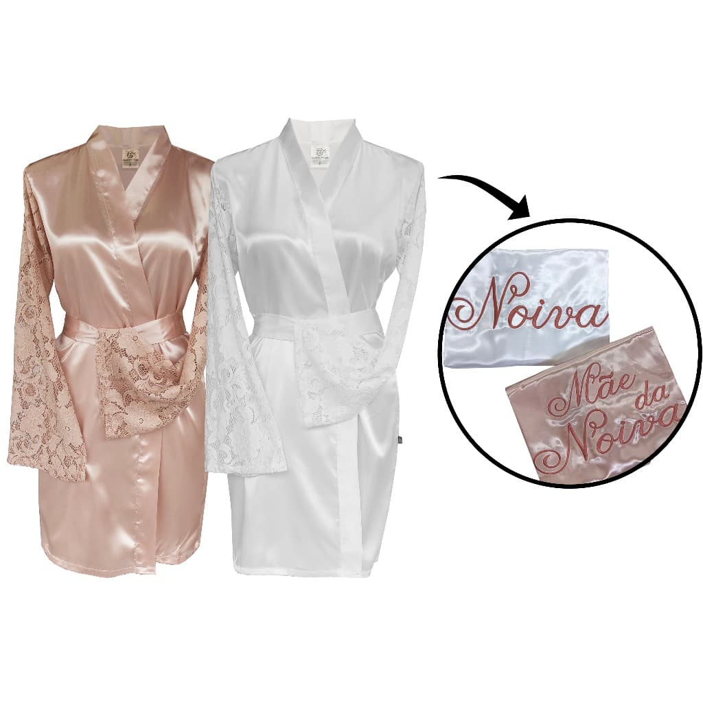 Kit com 2 Robes de Cetim com Manga Longa de Renda, noiva, mãe da noiva, mãe do noivo, madrinha, luxo