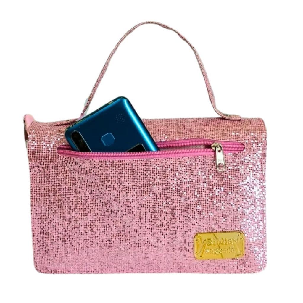 Bolsa Capa para Bíblia Média com Zíper Alça e Bolso Externo Porta Celular - Rosa Bebê Glitter